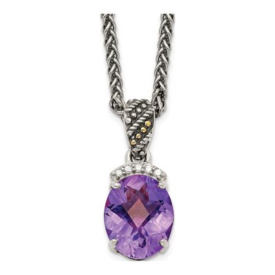 Sterling Silver & 14K Gold Amethyst & Diamond Pendant Necklace