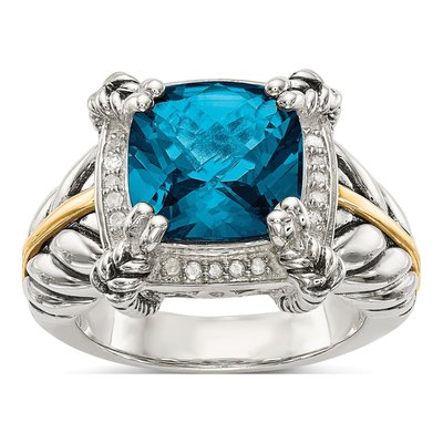 Sterling Silver & 14K Gold 1/10 ct tw London Blue Topaz & Diamond Ring