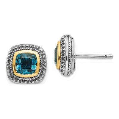 Sterling Silver & 14K Gold 6mm Cushion London Blue Topaz Stud Earrings