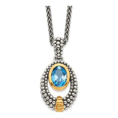 Gold-Plated Sterling Silver London Blue Topaz Antiqued Oval Pendant Necklace