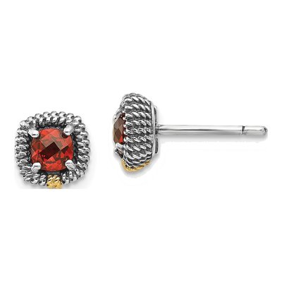 Sterling Silver & 14K Gold 4mm Garnet Cushion Stud Earrings