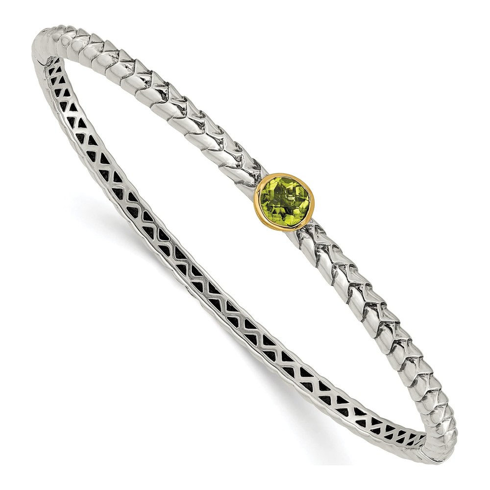 Sterling Silver & 14K Gold Peridot Bezel Bangle Bracelet