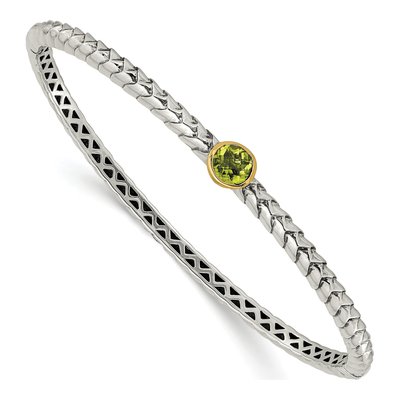 Sterling Silver & 14K Gold Peridot Bezel Bangle Bracelet