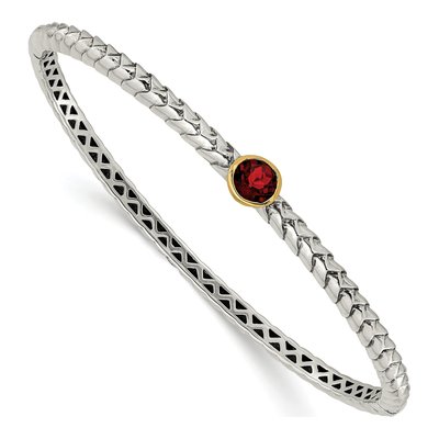 Sterling Silver & 14K Gold Garnet Bezel Bangle Bracelet