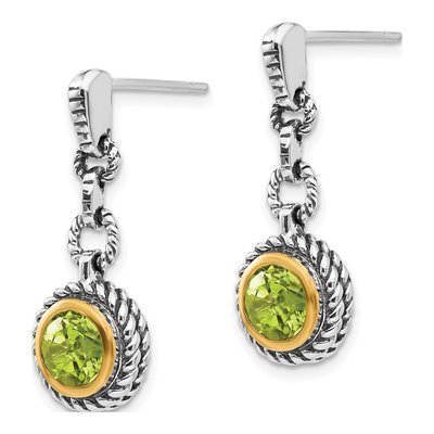 Gold-Plated Sterling Silver Peridot Antiqued Round Bezel Dangle Earrings – view 3