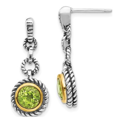 Gold-Plated Sterling Silver Peridot Antiqued Round Bezel Dangle Earrings