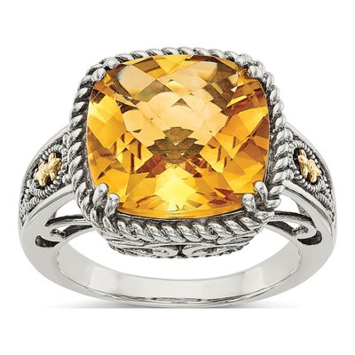 Sterling Silver & 14K Gold Citrine Cushion Ring