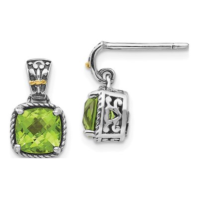 Sterling Silver & 14K Gold Peridot Cushion Dangle Earrings