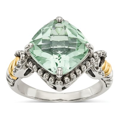 Sterling Silver & 14K Gold Prasiolite Cushion Ring