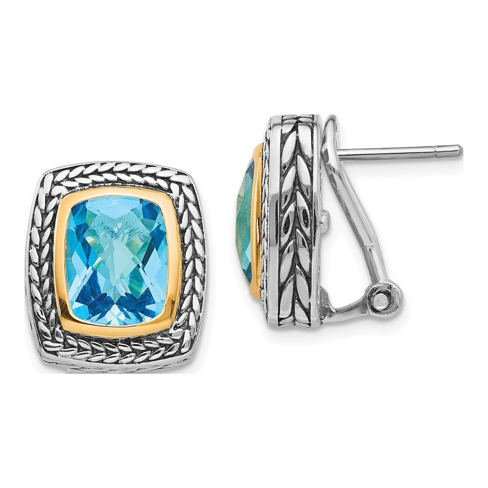 Sterling Silver & 14K Gold Swiss Blue Topaz Cushion Bezel Stud Earrings