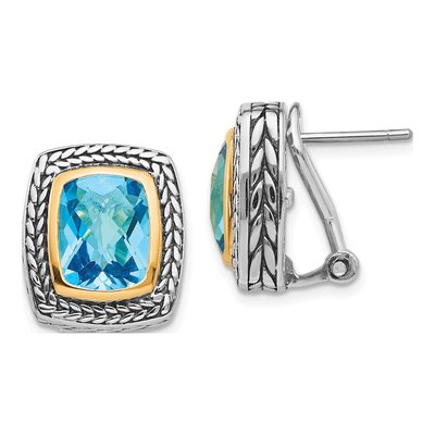 Sterling Silver & 14K Gold Swiss Blue Topaz Cushion Bezel Stud Earrings