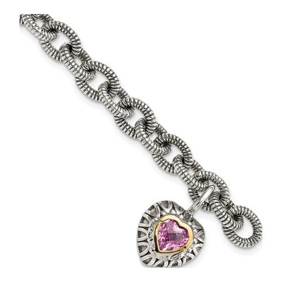 Sterling Silver & 14K Gold Lab-Created Pink Sapphire Heart Bracelet