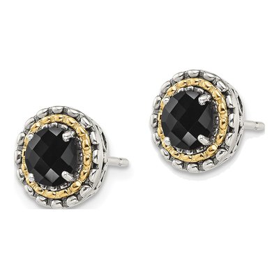 Sterling Silver & 14K Gold Round Onyx Button Stud Earrings – view 3
