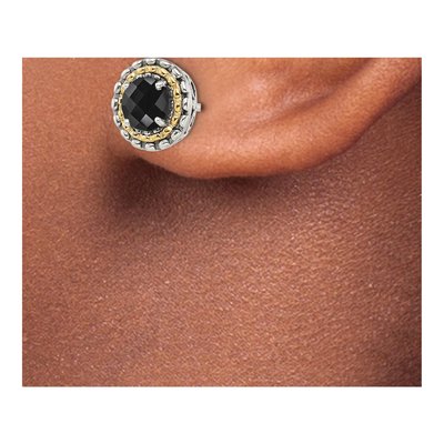 Sterling Silver & 14K Gold Round Onyx Button Stud Earrings – view 4