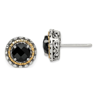 Sterling Silver & 14K Gold Round Onyx Button Stud Earrings