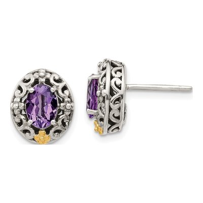 Sterling Silver & 14K Gold Amethyst Oval Stud Earrings