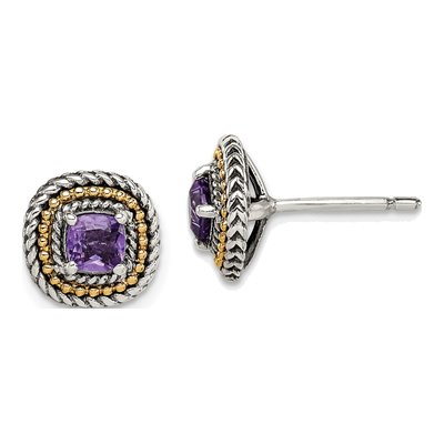 Sterling Silver & 14K Gold Square Amethyst Stud Earrings