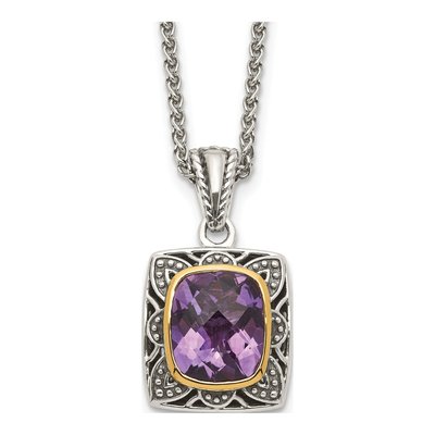 Sterling Silver & 14K Gold Amethyst Checkerboard Pendant Necklace