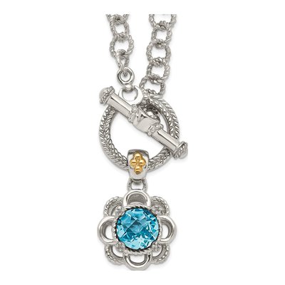 Sterling Silver & 14K Gold Swiss Blue Topaz & Diamond Toggle Necklace