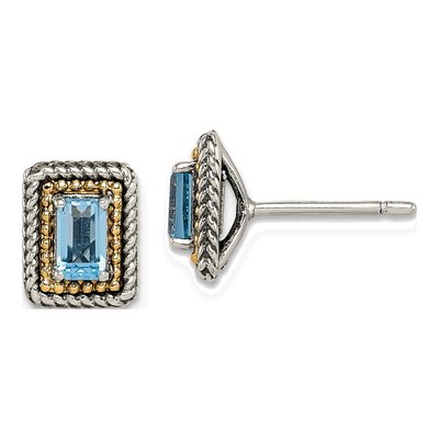 Sterling Silver & 14K Gold Antiqued Blue Topaz Stud Earrings