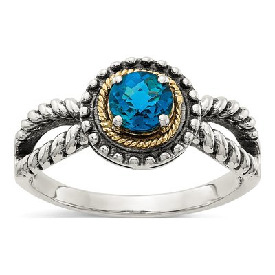 Sterling Silver & 14K Gold Swiss Blue Topaz Antiqued Ring