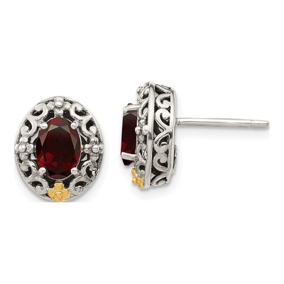 Sterling Silver & 14K Gold Garnet Antiqued Stud Earrings