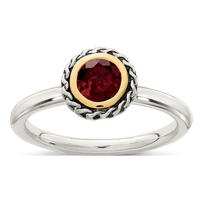 Sterling Silver & 14K Gold Garnet Antiqued Bezel Ring