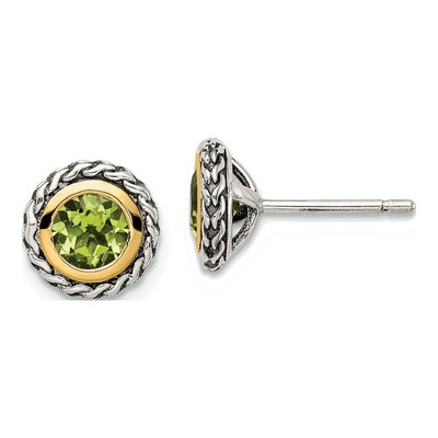 Sterling Silver & 14K Gold Round Peridot Bezel Stud Earrings