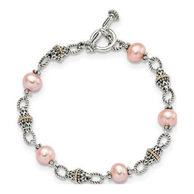 Sterling Silver & 14K Gold Pink Freshwater Cultured Pearl Bracelet – view 4