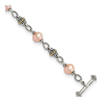 Sterling Silver & 14K Gold Pink Freshwater Cultured Pearl Bracelet