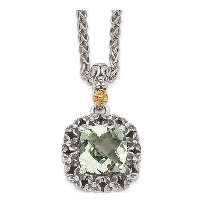 14K/Silver Two-Tone Shey Couture Sterling Silver With 14K Accent 18 Inch Antiqued Cushion Green Quartz Necklace