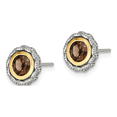 Sterling Silver & 14K Gold Round Smoky Quartz Bezel Stud Earrings – view 3
