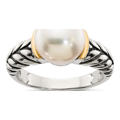 Sterling Silver & 14K Gold Freshwater Cultured Pearl Button Ring