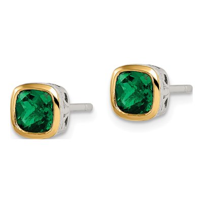 Sterling Silver & 14K Gold Lab-Created Emerald Square Stud Earrings – view 3