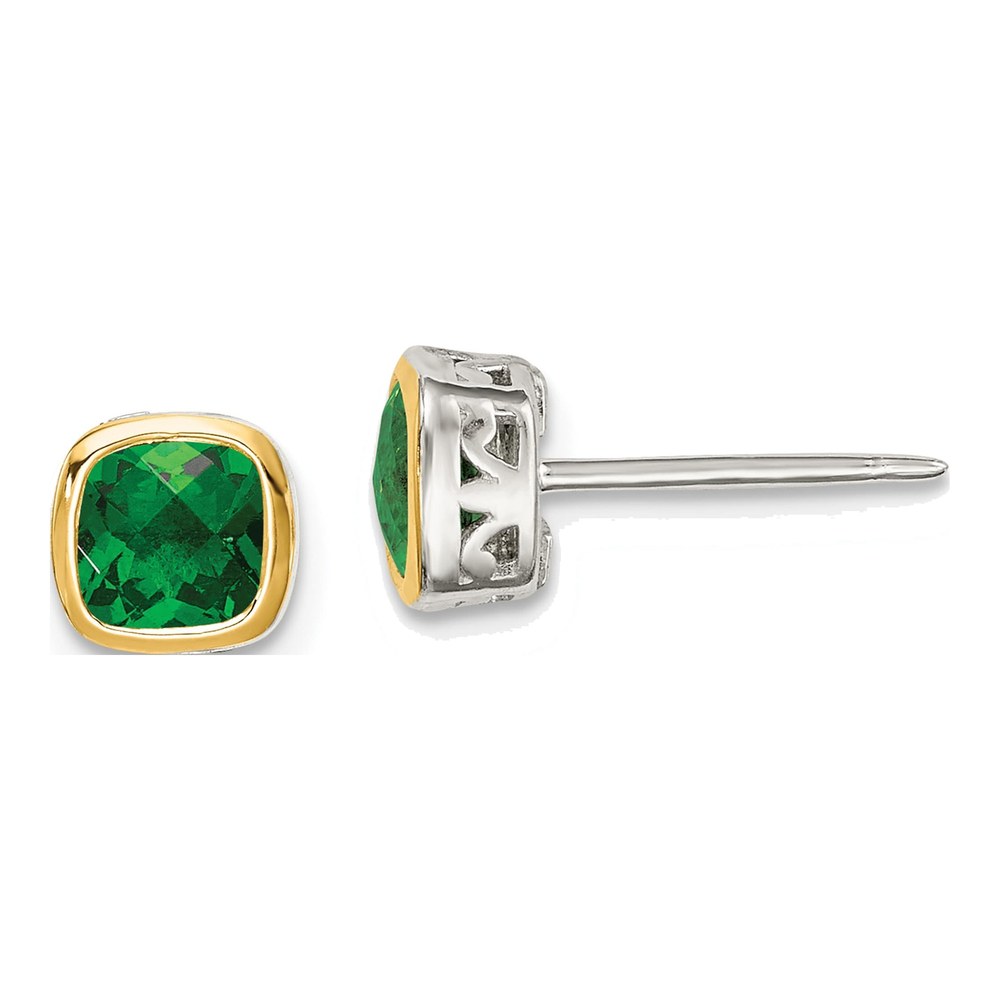 Sterling Silver & 14K Gold Lab-Created Emerald Square Stud Earrings