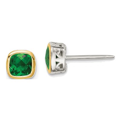 Sterling Silver & 14K Gold Lab-Created Emerald Square Stud Earrings