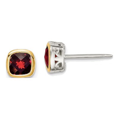 Sterling Silver & 14K Gold Garnet Square Stud Earrings