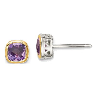 Sterling Silver & 14K Gold Amethyst Square Stud Earrings