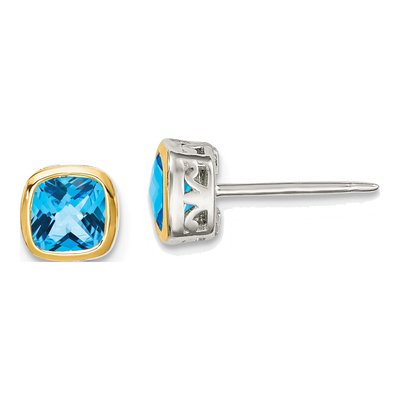 Sterling Silver & 14K Gold Swiss Blue Topaz Square Stud Earrings