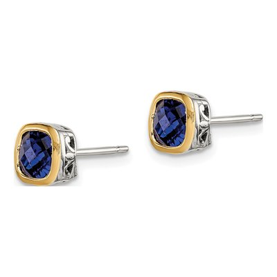 Sterling Silver & 14K Gold Lab-Created Sapphire Square Stud Earrings – view 3