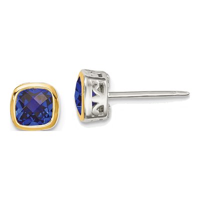 Sterling Silver & 14K Gold Lab-Created Sapphire Square Stud Earrings