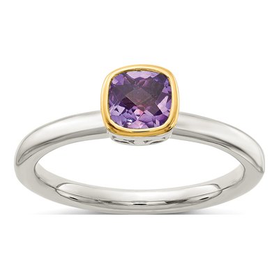 Sterling Silver & 14K Gold Amethyst Cushion Ring