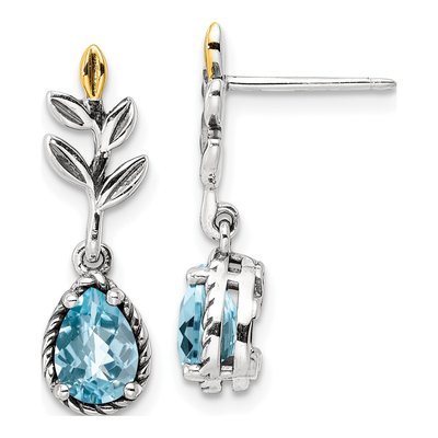 Sterling Silver & 14K Gold Swiss Blue Topaz Leaf Dangle Earrings