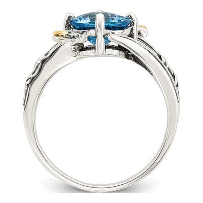 Sterling Silver & 14K Gold Swiss Blue Topaz Antiqued Leaf Ring – view 3