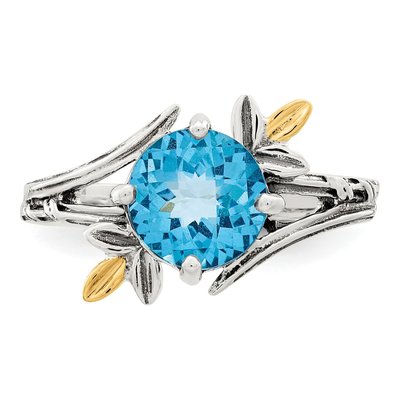 Sterling Silver & 14K Gold Swiss Blue Topaz Antiqued Leaf Ring – view 5