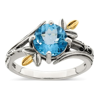 Sterling Silver & 14K Gold Swiss Blue Topaz Antiqued Leaf Ring