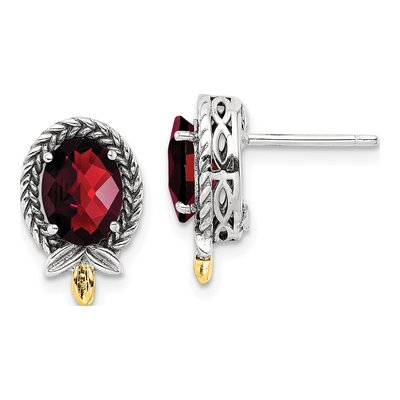 Sterling Silver & 14K Gold Oval Garnet Checkerboard Stud Earrings