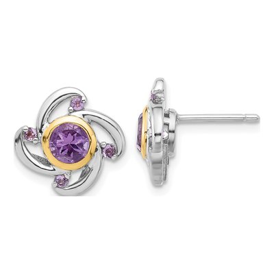 Sterling Silver & 14K Gold Amethyst Button Stud Earrings