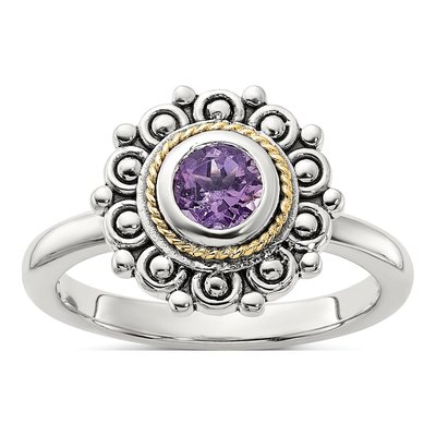 Sterling Silver & 14K Gold Amethyst Antiqued Ring