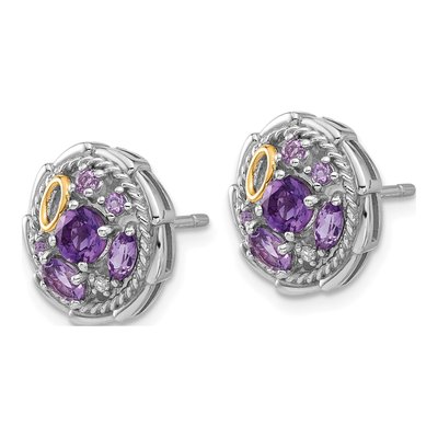 Sterling Silver & 14K Gold Amethyst & White Topaz Button Stud Earrings – view 2
